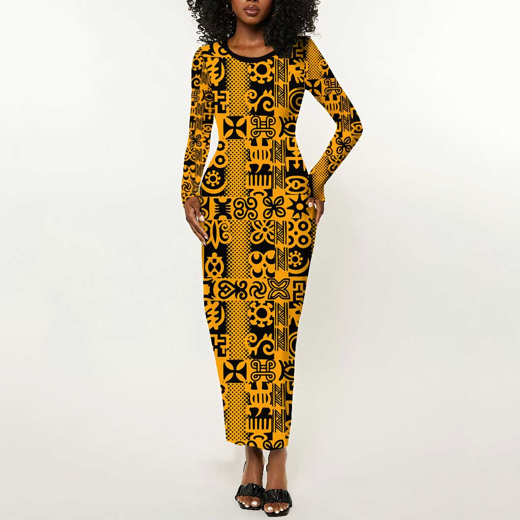 West African Yellow Art - Adinkra Culture Long Sleeve Bodycon Dress DT02