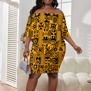 West African Yellow Art - Adinkra Culture Off Shoulder Short Dress