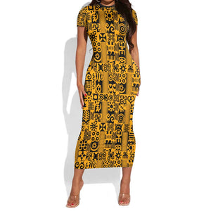 West African Yellow Art - Adinkra Culture Short Sleeve Bodycon Dress DT02