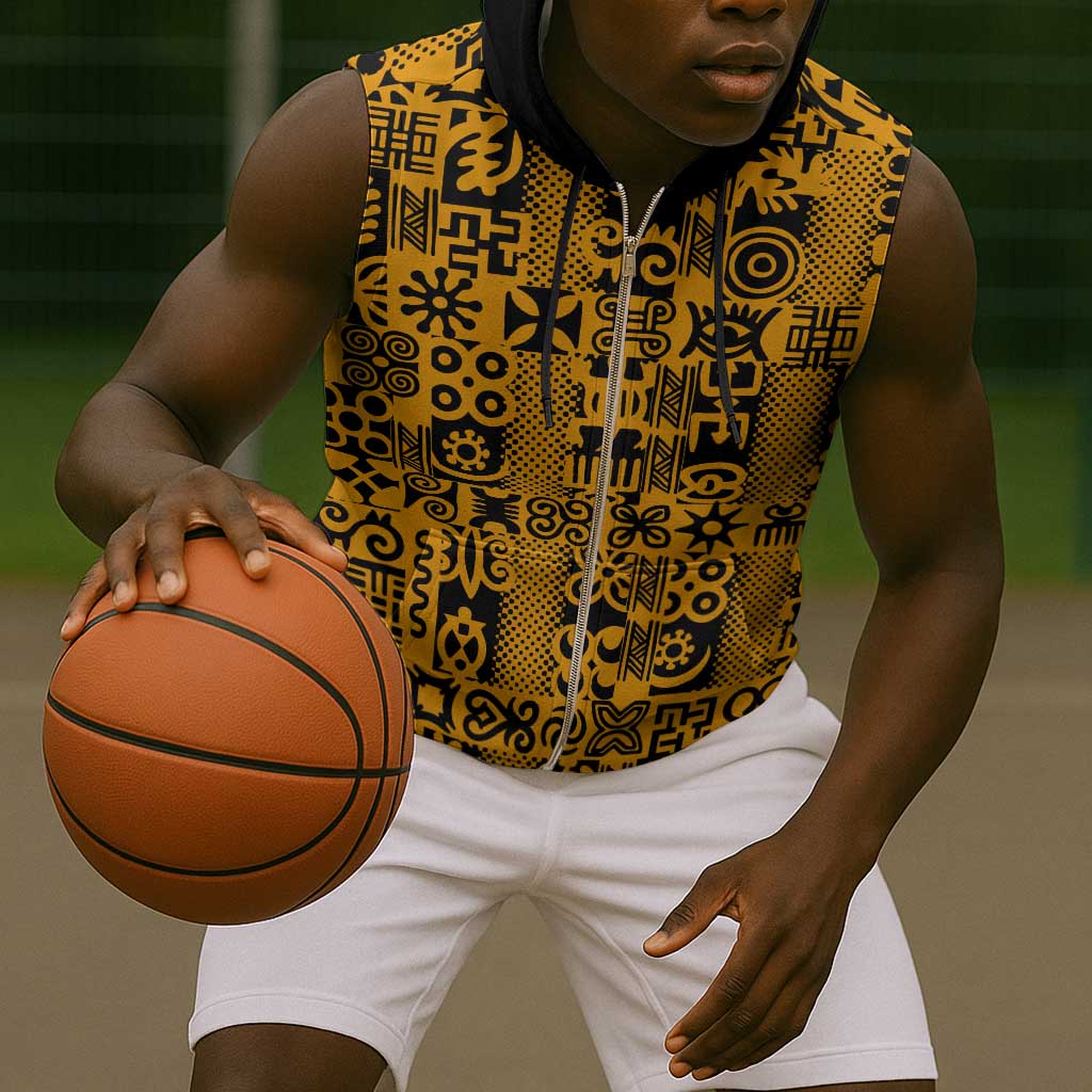 West African Yellow Art - Adinkra Culture Sleeveless Zip Hoodie - African Pride