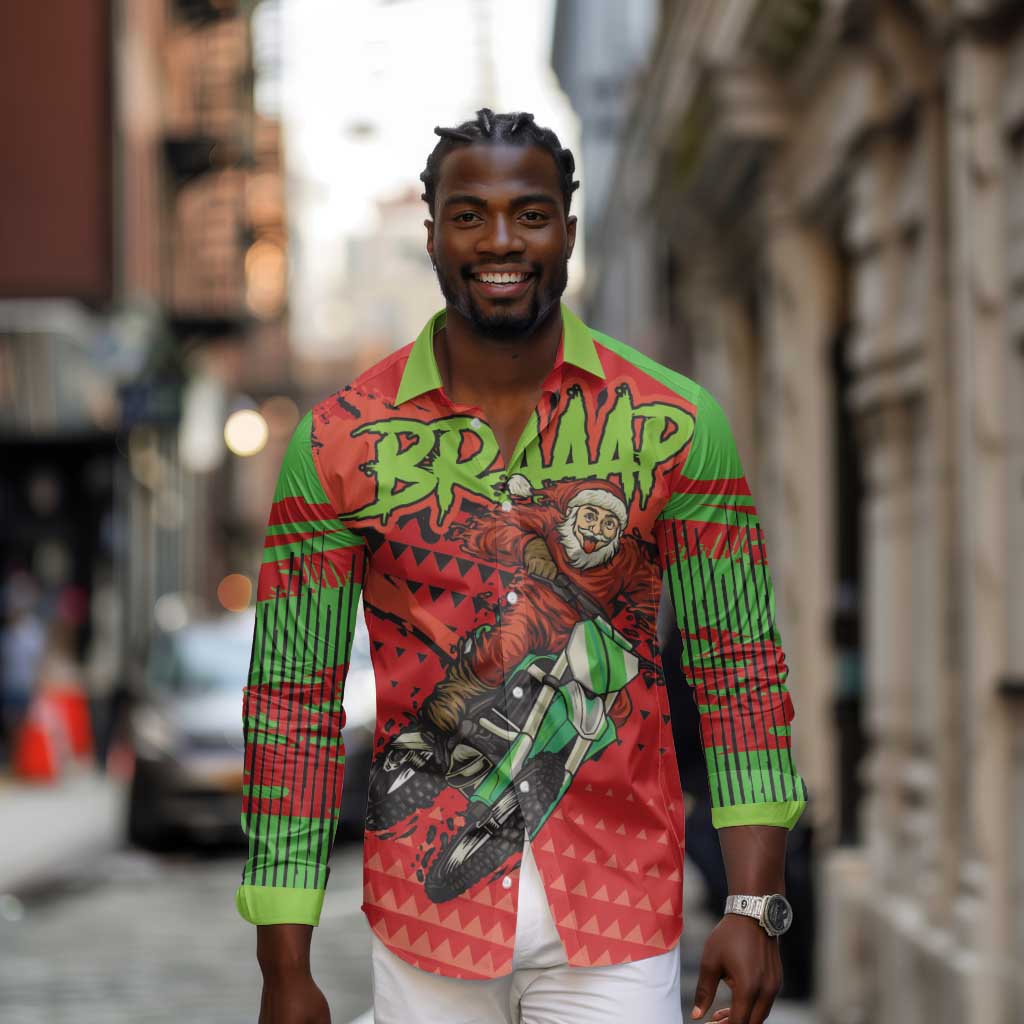 Afro Santa Braaap Long Sleeve Button Shirt Motorcross Christmas