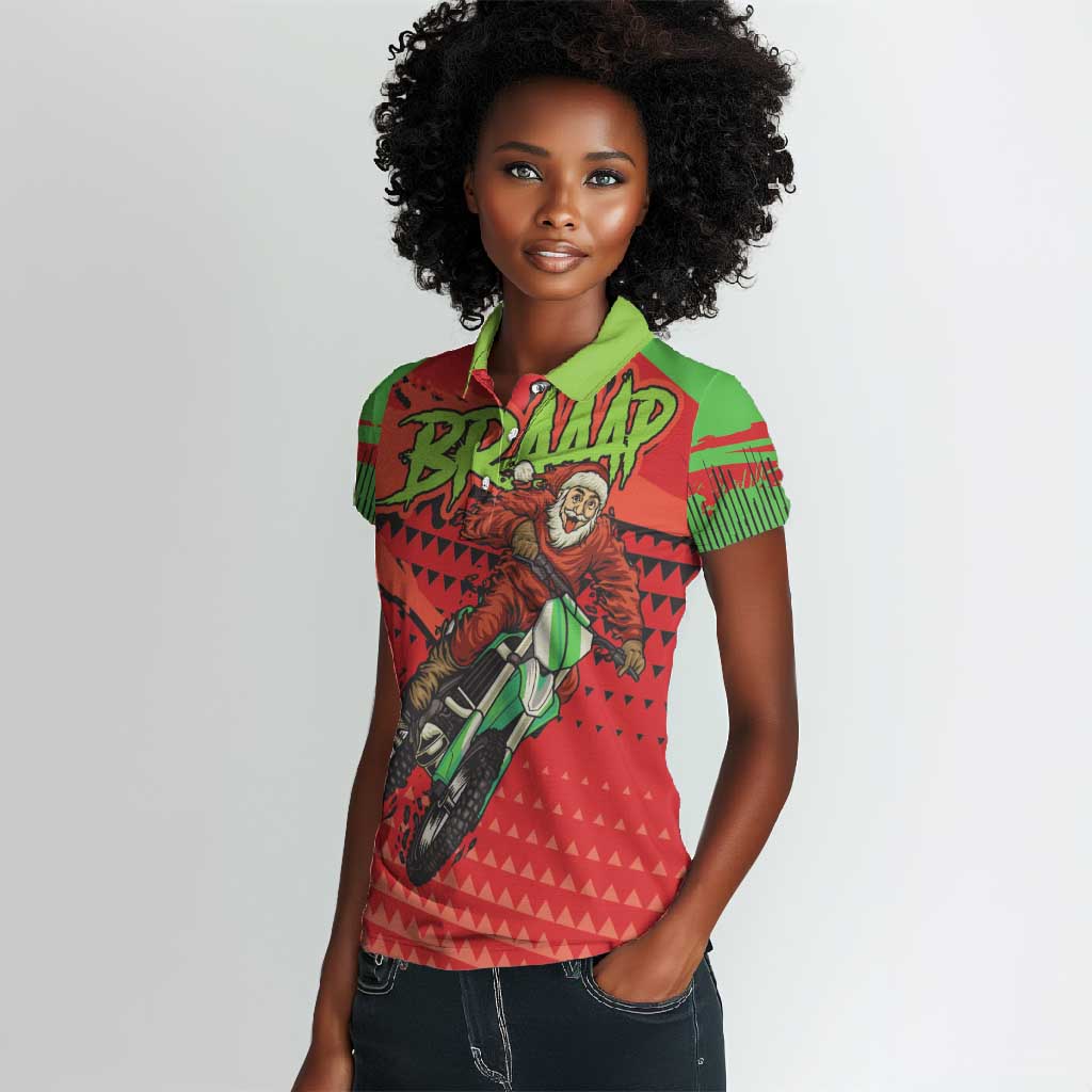 Afro Santa Braaap Women Polo Shirt Motorcross Christmas