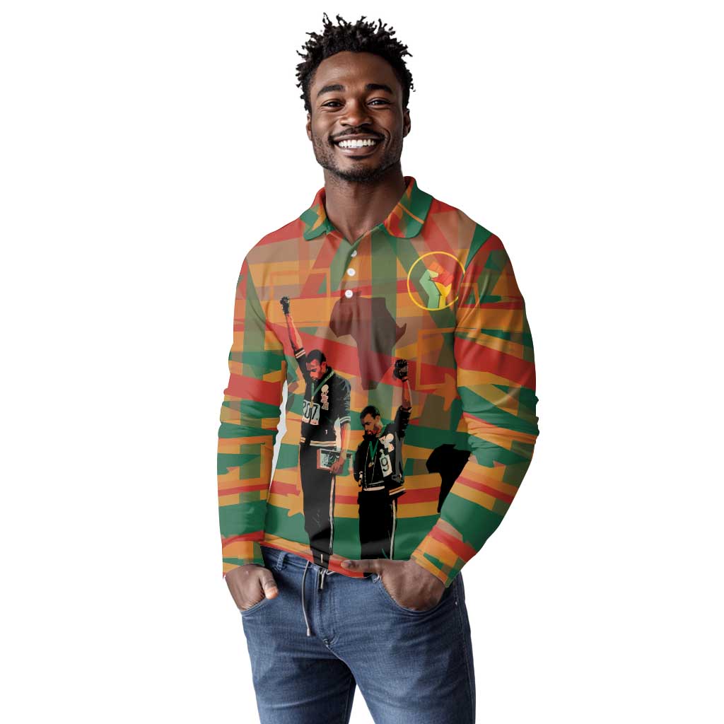 African American 1968 Long Sleeve Polo Shirt Black Power Fists of Freedom