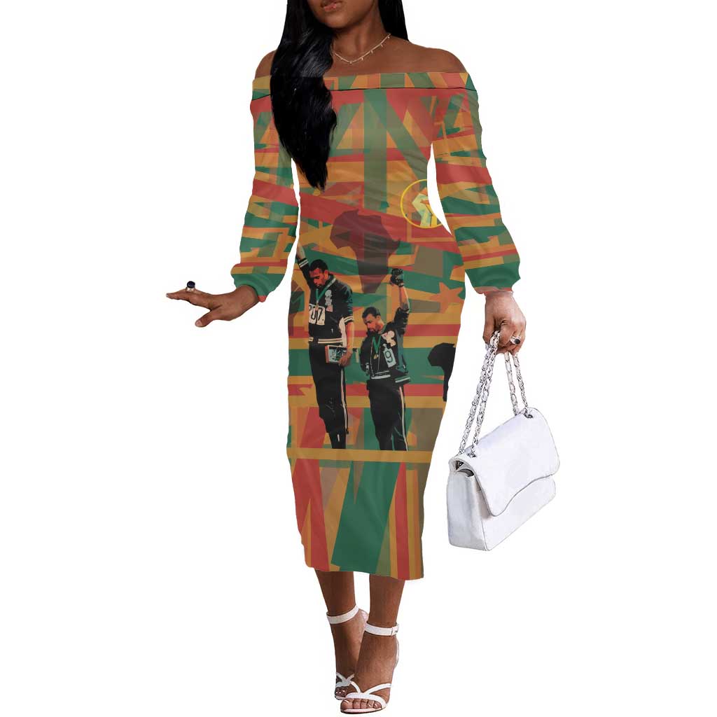 African American 1968 Off The Shoulder Long Sleeve Dress Black Power Fists of Freedom