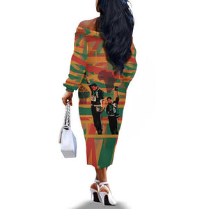 African American 1968 Off The Shoulder Long Sleeve Dress Black Power Fists of Freedom