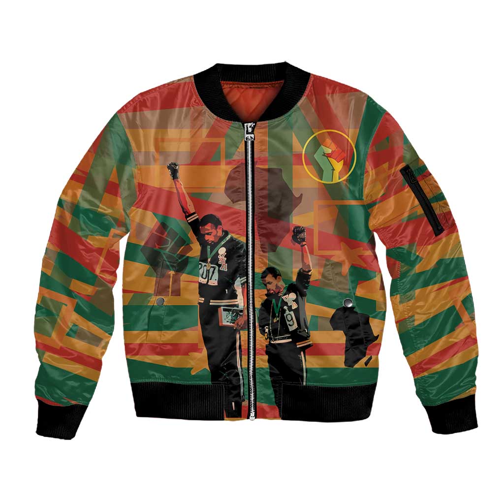 African American 1968 Sleeve Zip Bomber Jacket Black Power Fists of Freedom