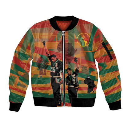 African American 1968 Sleeve Zip Bomber Jacket Black Power Fists of Freedom