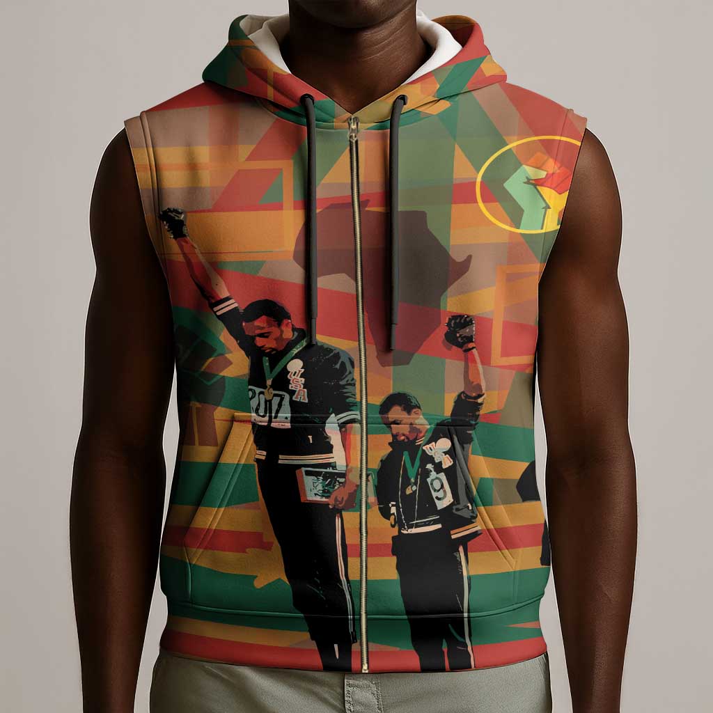 African American 1968 Sleeveless Zip Hoodie Black Power Fists of Freedom - African Pride