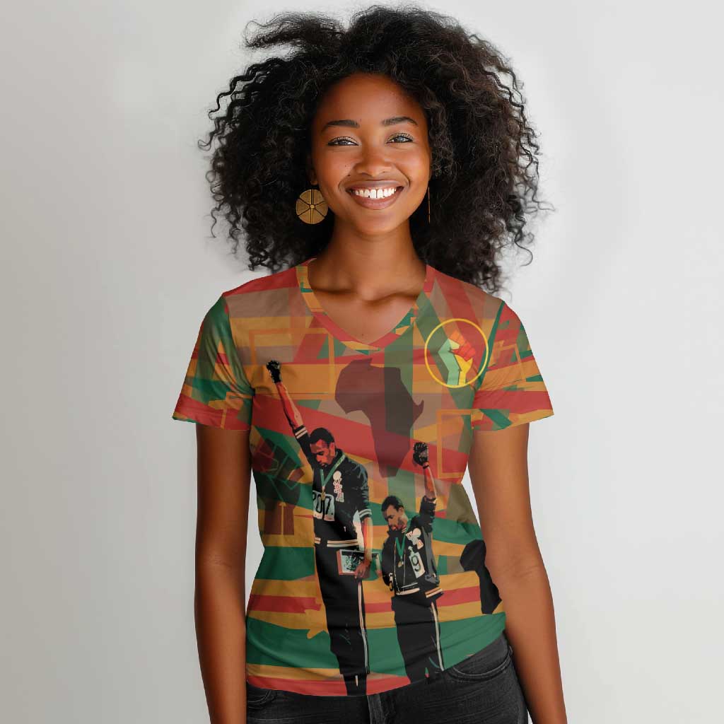 African American 1968 Women V-Neck T-Shirt Black Power Fists of Freedom
