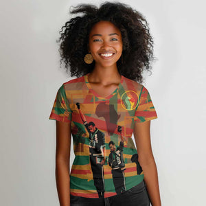 African American 1968 Women V-Neck T-Shirt Black Power Fists of Freedom