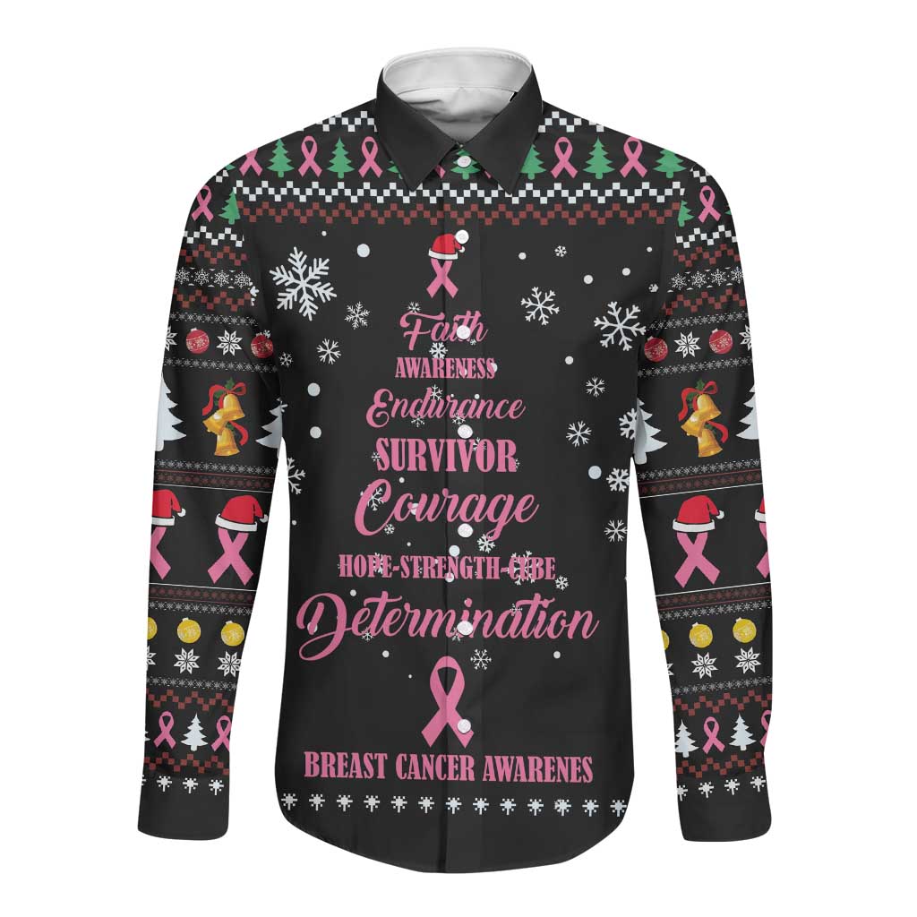 Christmas Tree Breast Cancer Afro Long Sleeve Button Shirt Survivor African