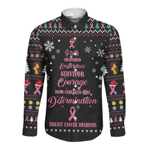 Christmas Tree Breast Cancer Afro Long Sleeve Button Shirt Survivor African