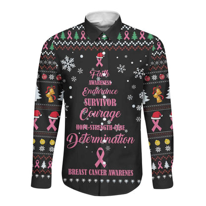 Christmas Tree Breast Cancer Afro Long Sleeve Button Shirt Survivor African