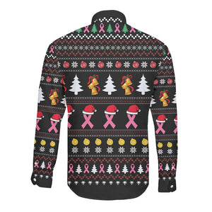 Christmas Tree Breast Cancer Afro Long Sleeve Button Shirt Survivor African