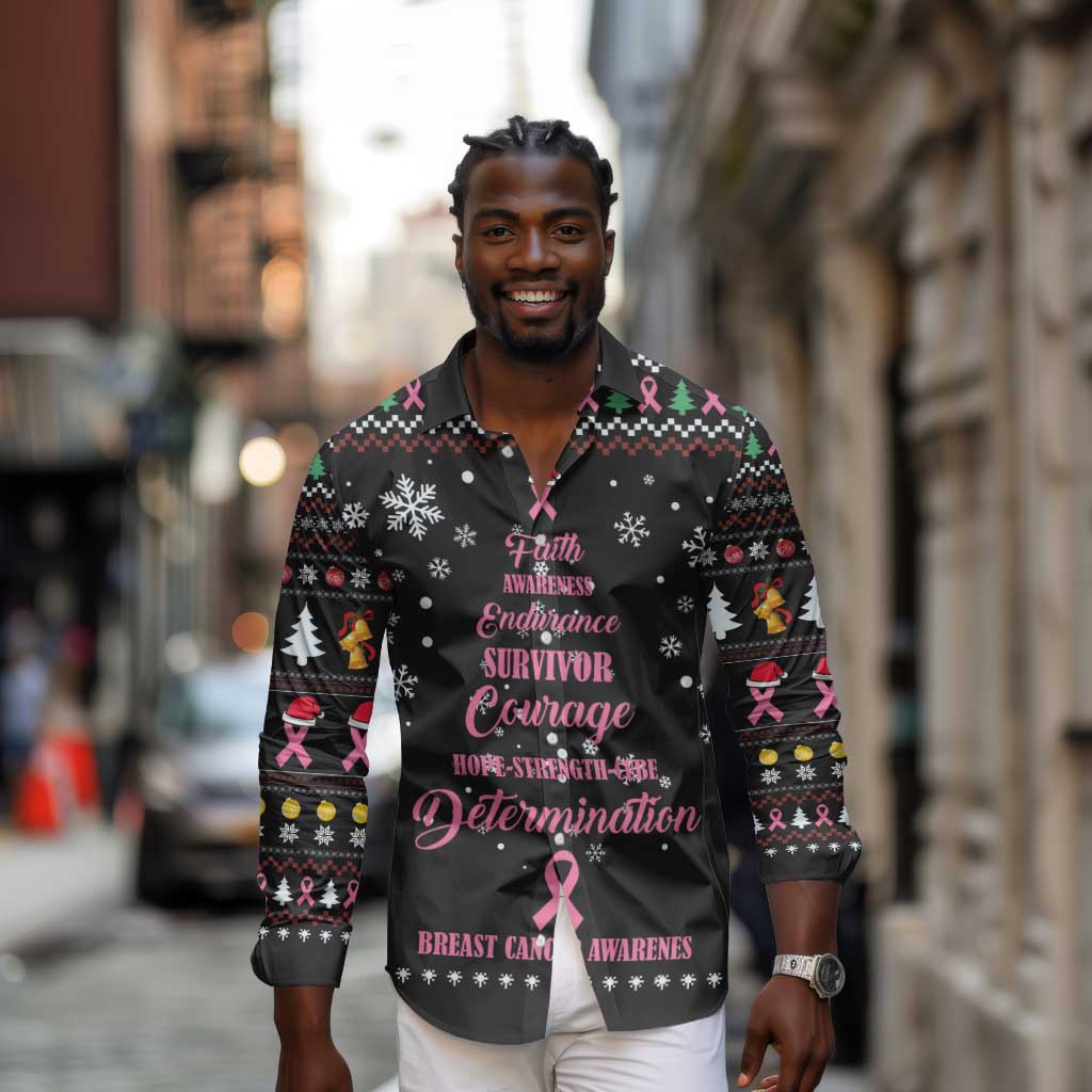 Christmas Tree Breast Cancer Afro Long Sleeve Button Shirt Survivor African