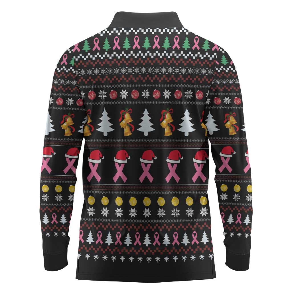 Christmas Tree Breast Cancer Afro Long Sleeve Polo Shirt Survivor African