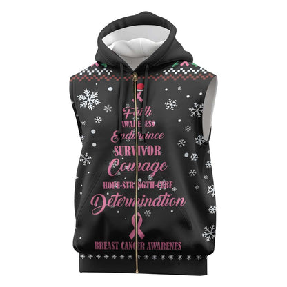 Christmas Tree Breast Cancer Afro Sleeveless Zip Hoodie Survivor African - African Pride