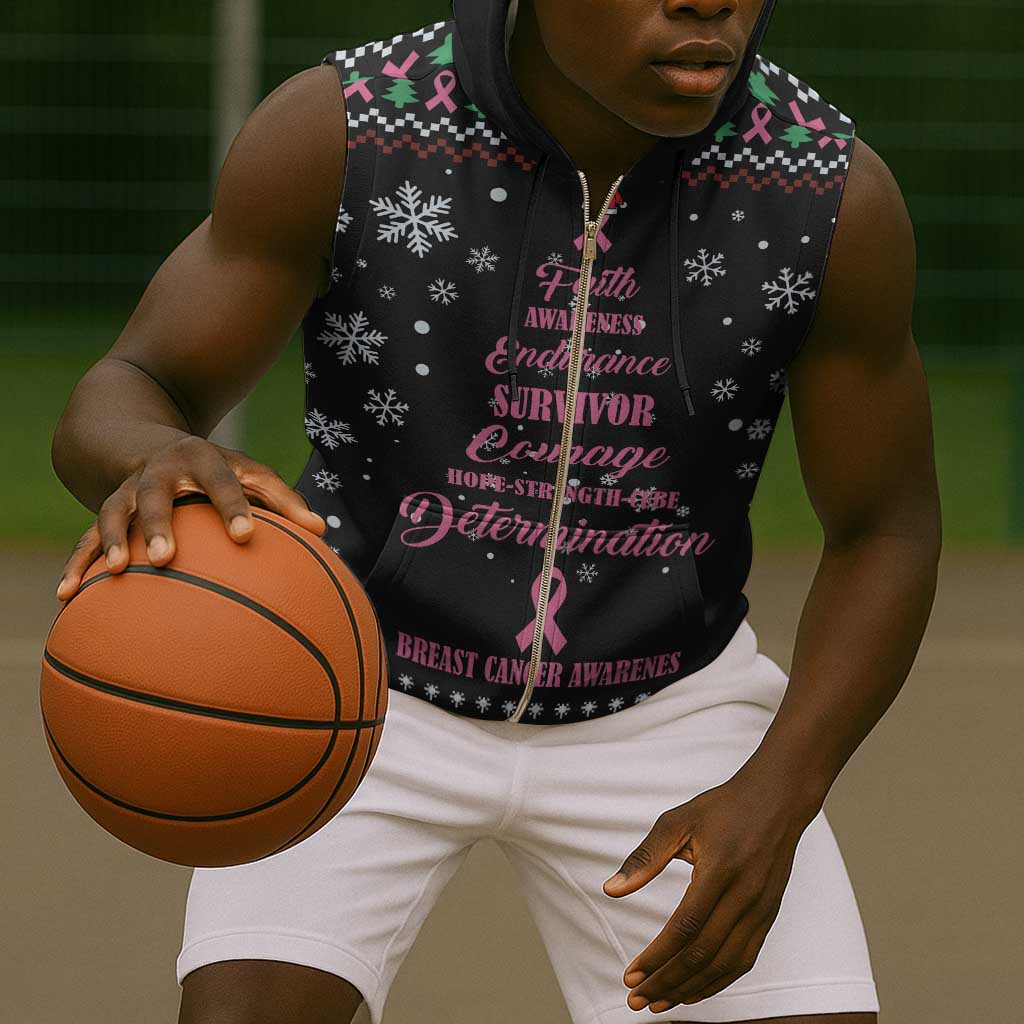 Christmas Tree Breast Cancer Afro Sleeveless Zip Hoodie Survivor African - African Pride