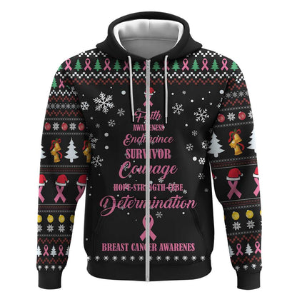 Christmas Tree Breast Cancer Afro Zip Hoodie Survivor African