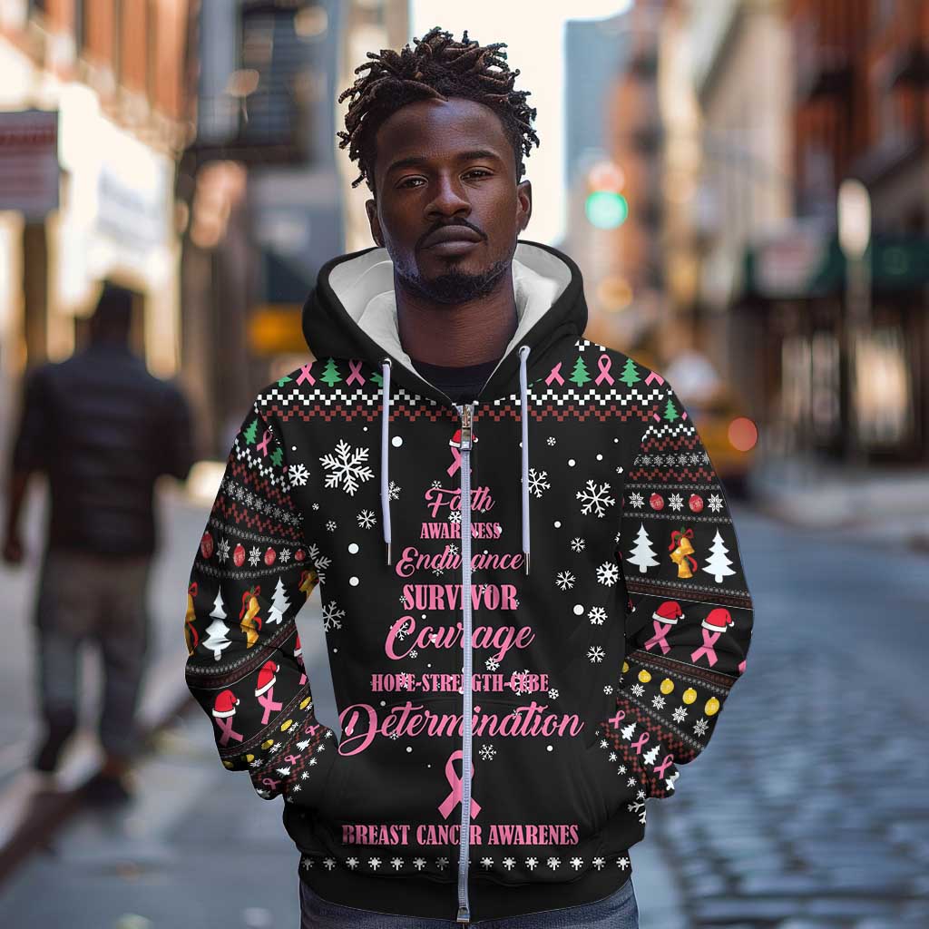 Christmas Tree Breast Cancer Afro Zip Hoodie Survivor African