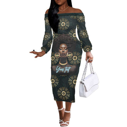 Personalized Afro Women Off The Shoulder Long Sleeve Dress Powerful African Pattern