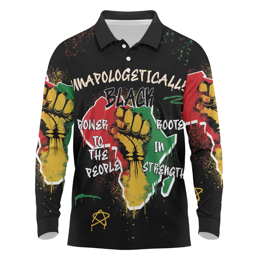 African Black Power Long Sleeve Polo Shirt Unapologetically Black Raised Fist