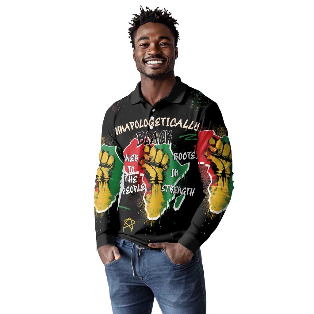 African Black Power Long Sleeve Polo Shirt Unapologetically Black Raised Fist