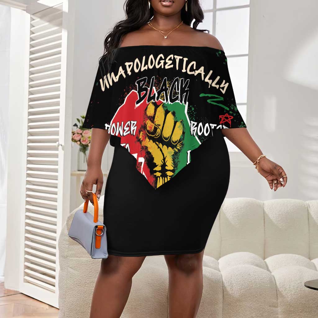 African Black Power Off Shoulder Short Dress Unapologetically Black Raised Fist