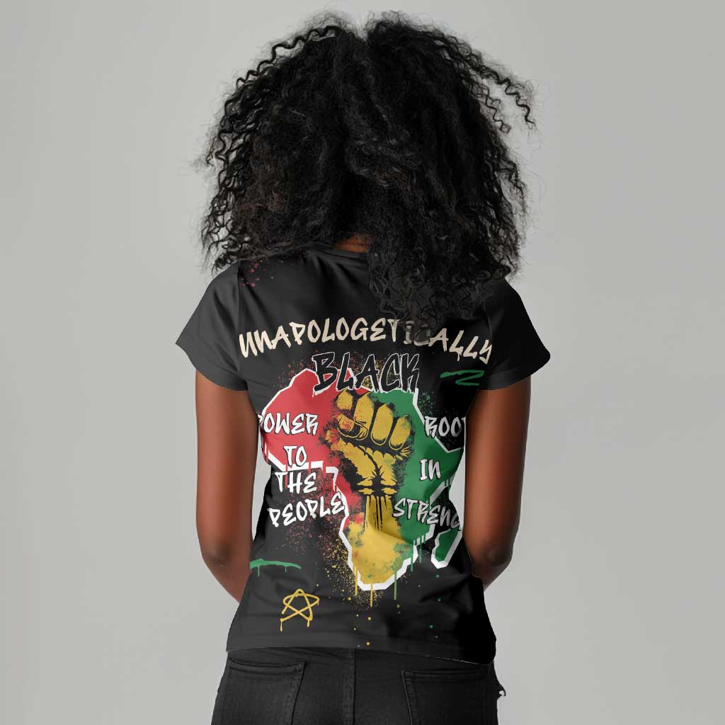 African Black Power Women V-Neck T-Shirt Unapologetically Black Raised Fist