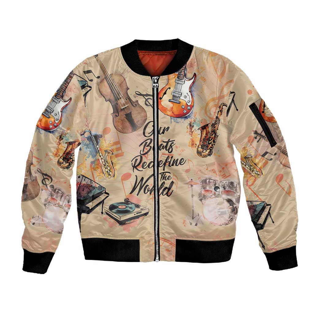 Our Beats Redefine The World African Sleeve Zip Bomber Jacket Afro Music