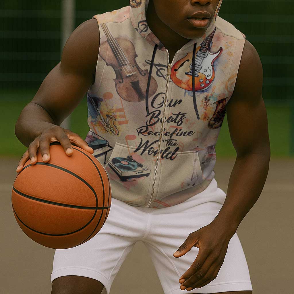 Our Beats Redefine The World African Sleeveless Zip Hoodie Afro Music - African Pride