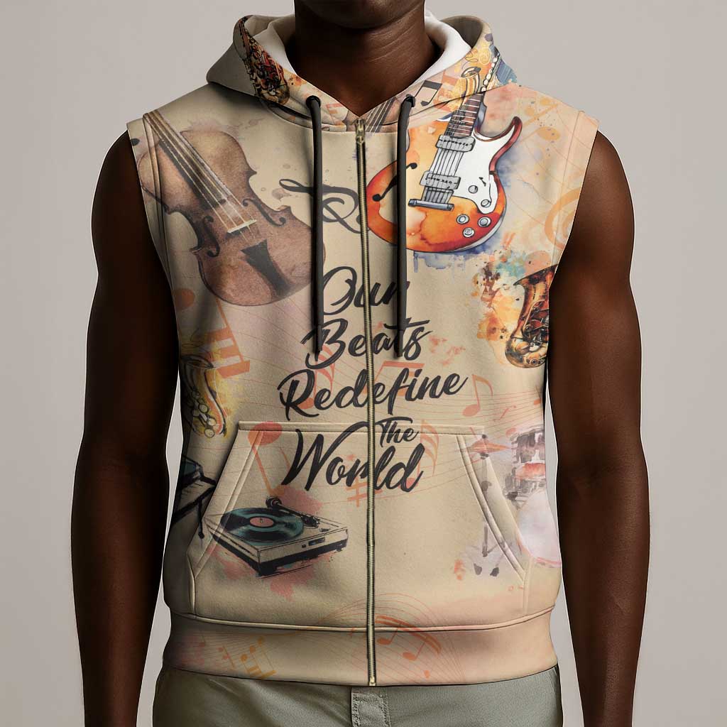 Our Beats Redefine The World African Sleeveless Zip Hoodie Afro Music - African Pride