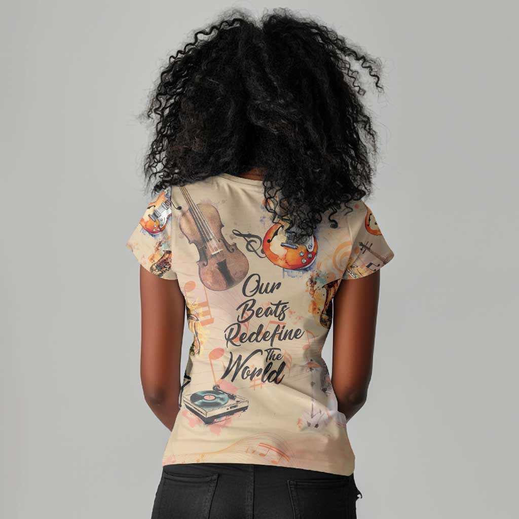 Our Beats Redefine The World African Women V-Neck T-Shirt Afro Music