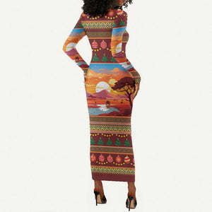 African Christmas Long Sleeve Bodycon Dress Afro Heritage and Celebrated DT03