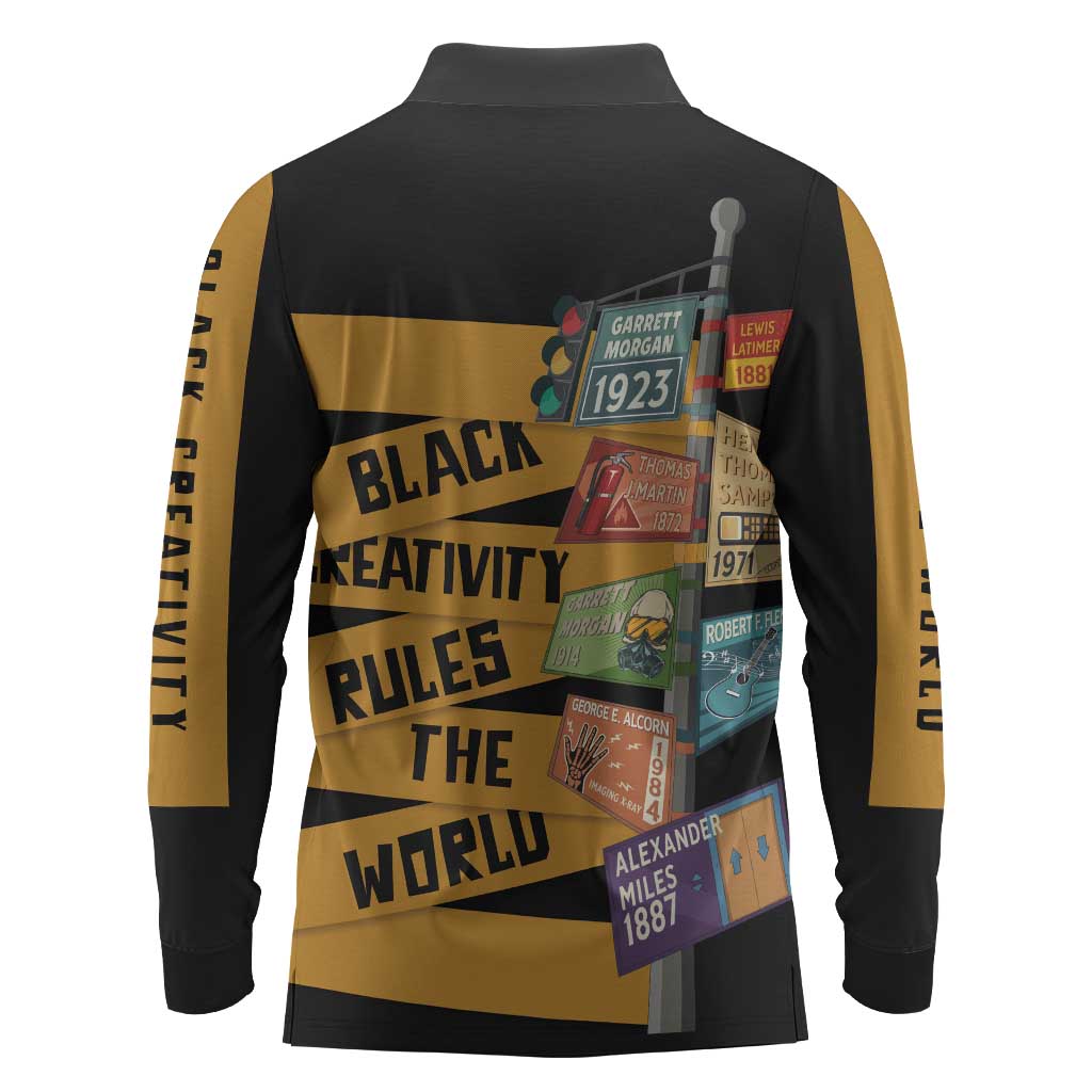 African Creativity Long Sleeve Polo Shirt Black Creativity Rules The World