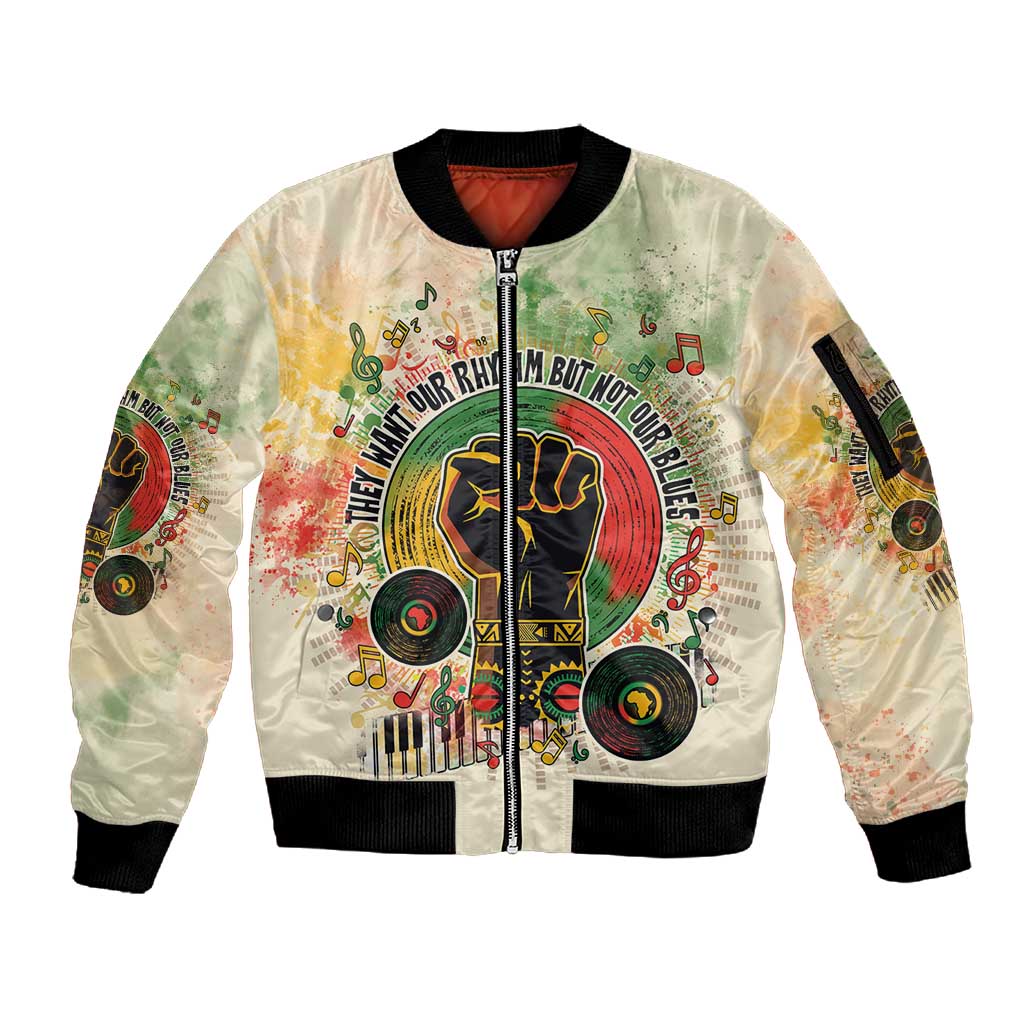 They Want Our Rhythm Not Our Blues Sleeve Zip Bomber Jacket Afro Pride Music