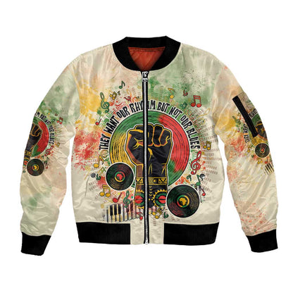 They Want Our Rhythm Not Our Blues Sleeve Zip Bomber Jacket Afro Pride Music
