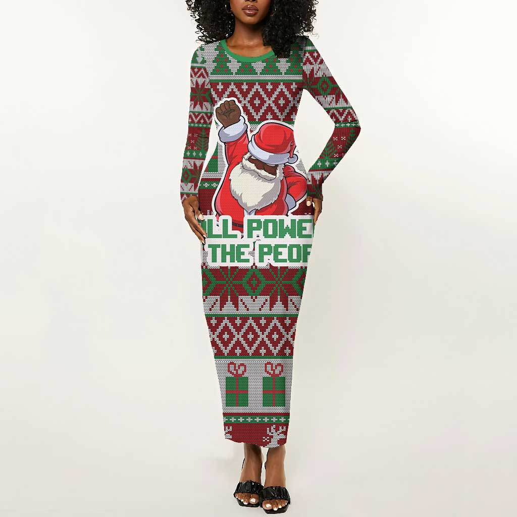 Black Santa Fist Christmas Africa Long Sleeve Bodycon Dress All Power to the People DT03