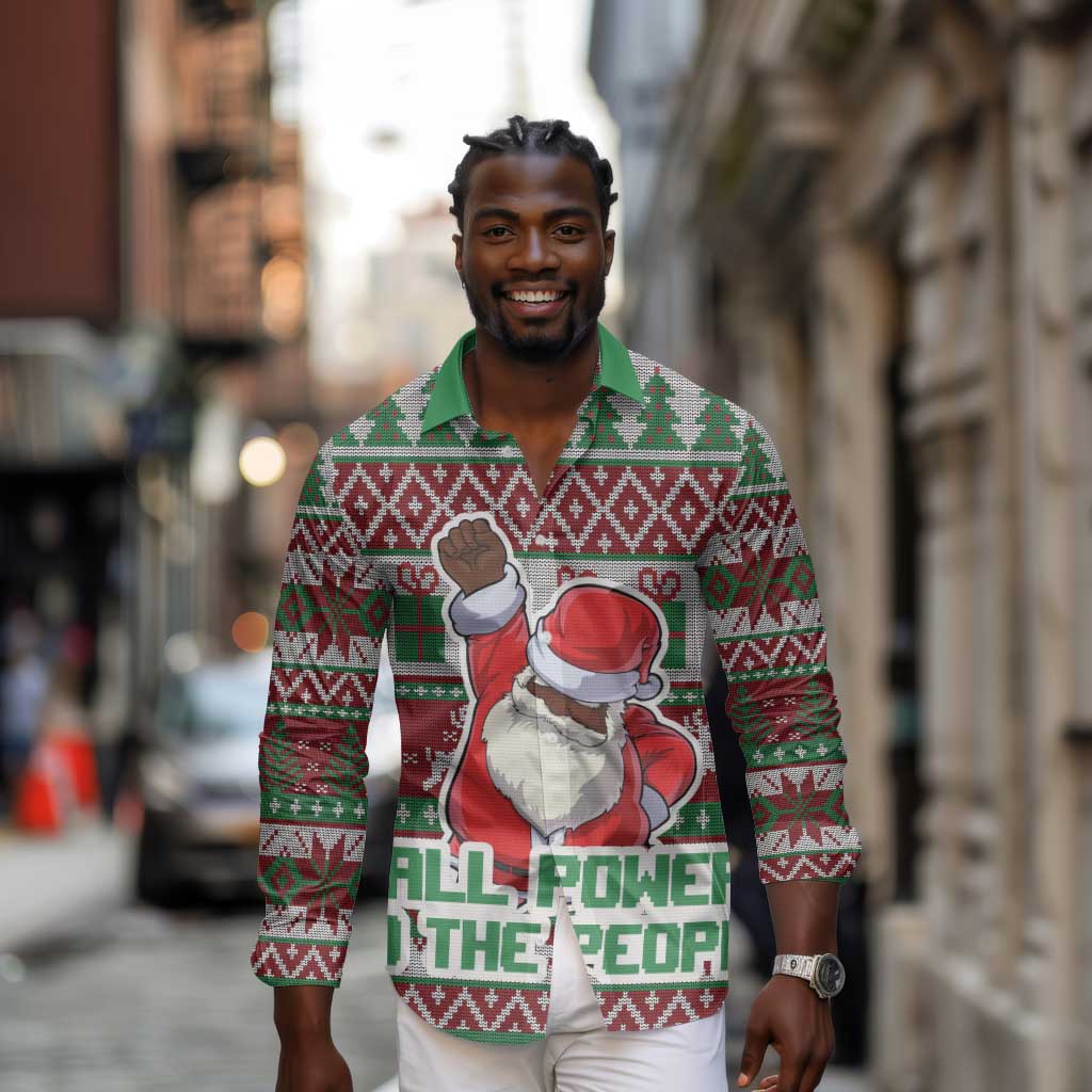 Black Santa Fist Christmas Africa Long Sleeve Button Shirt All Power to the People