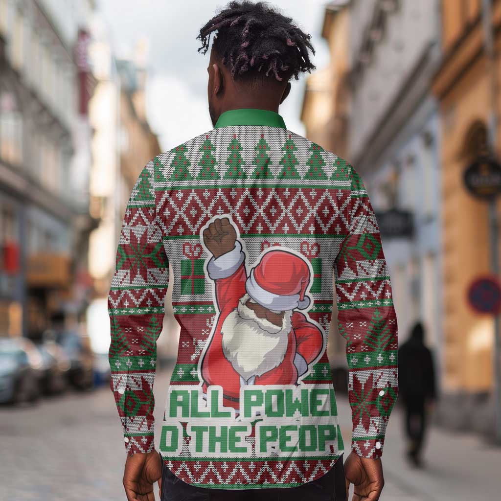 Black Santa Fist Christmas Africa Long Sleeve Button Shirt All Power to the People