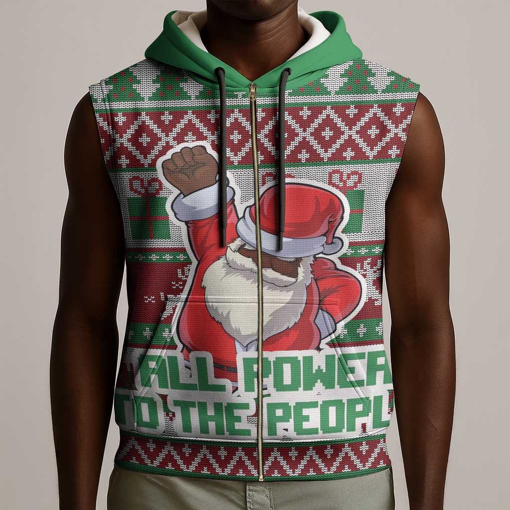 Black Santa Fist Christmas Africa Sleeveless Zip Hoodie All Power to the People - African Pride
