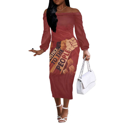 Justice To The People Africa Off The Shoulder Long Sleeve Dress Afro Raised Fist