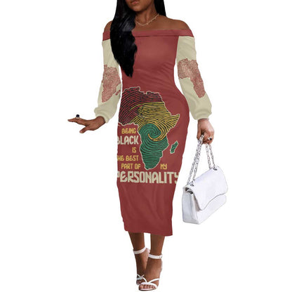 African Map Fingerprint Off The Shoulder Long Sleeve Dress Being Black Is The Best Part Of My Personality