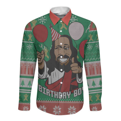 African Birthday Boy Jesus Long Sleeve Button Shirt Afro Christmas