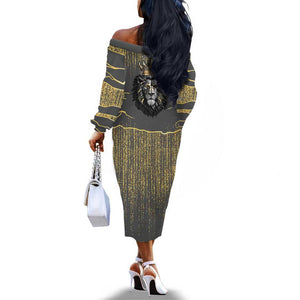 Personalized Black and Gold Lion Africa Off The Shoulder Long Sleeve Dress