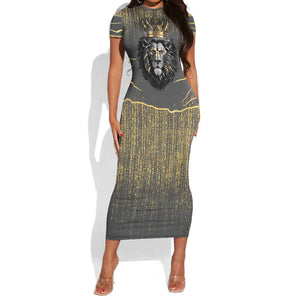 Personalized Black and Gold Lion Africa Short Sleeve Bodycon Dress DT03