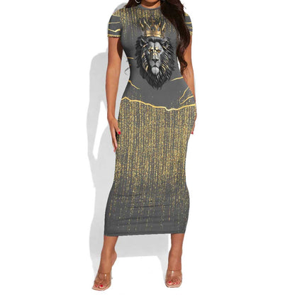 Personalized Black and Gold Lion Africa Short Sleeve Bodycon Dress DT03