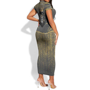Personalized Black and Gold Lion Africa Short Sleeve Bodycon Dress DT03