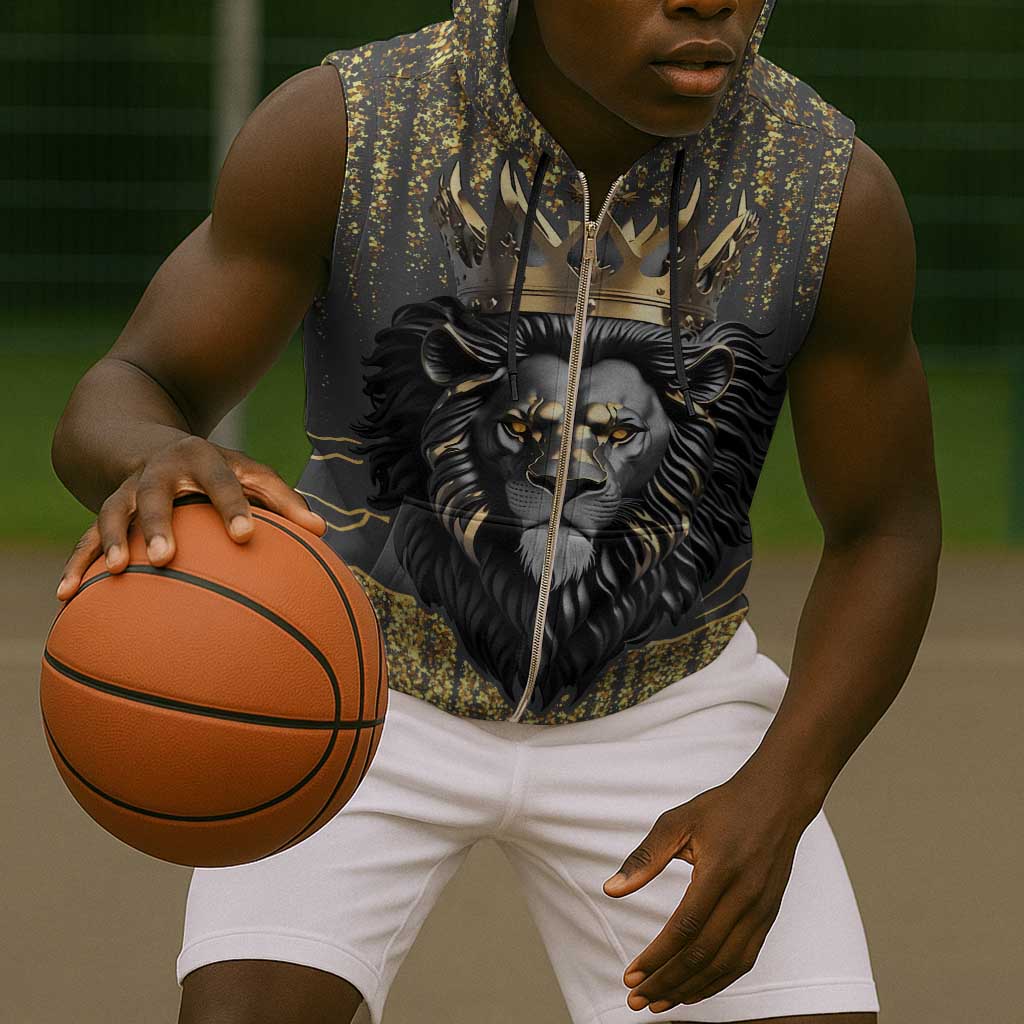 Personalized Black and Gold Lion Africa Sleeveless Zip Hoodie - African Pride