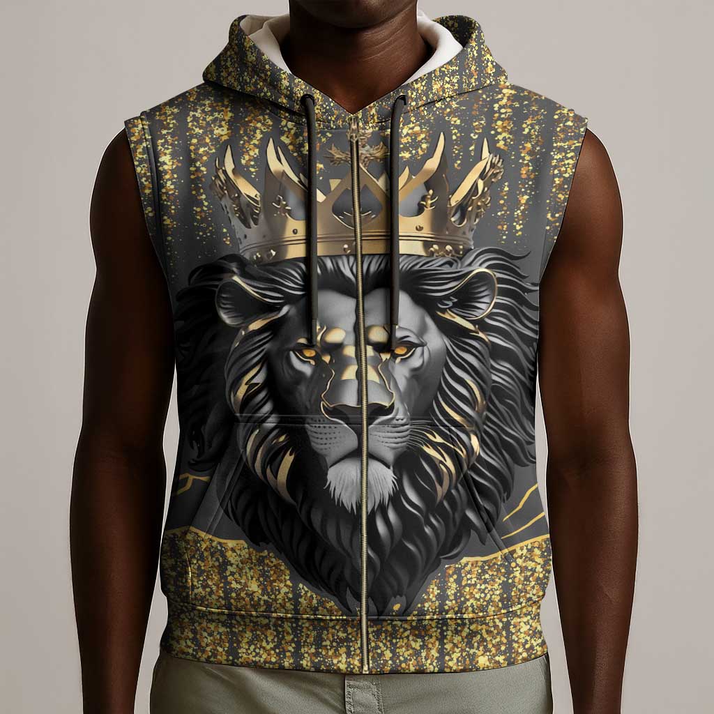 Personalized Black and Gold Lion Africa Sleeveless Zip Hoodie - African Pride